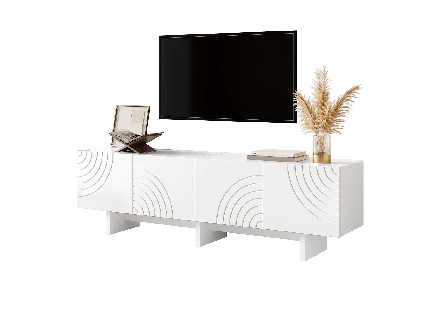 Meuble TV moderne 170x35x50 cm - Avec 4 portes - Motif arqué et design en relief - MDF + panneaux de particules - Blanc