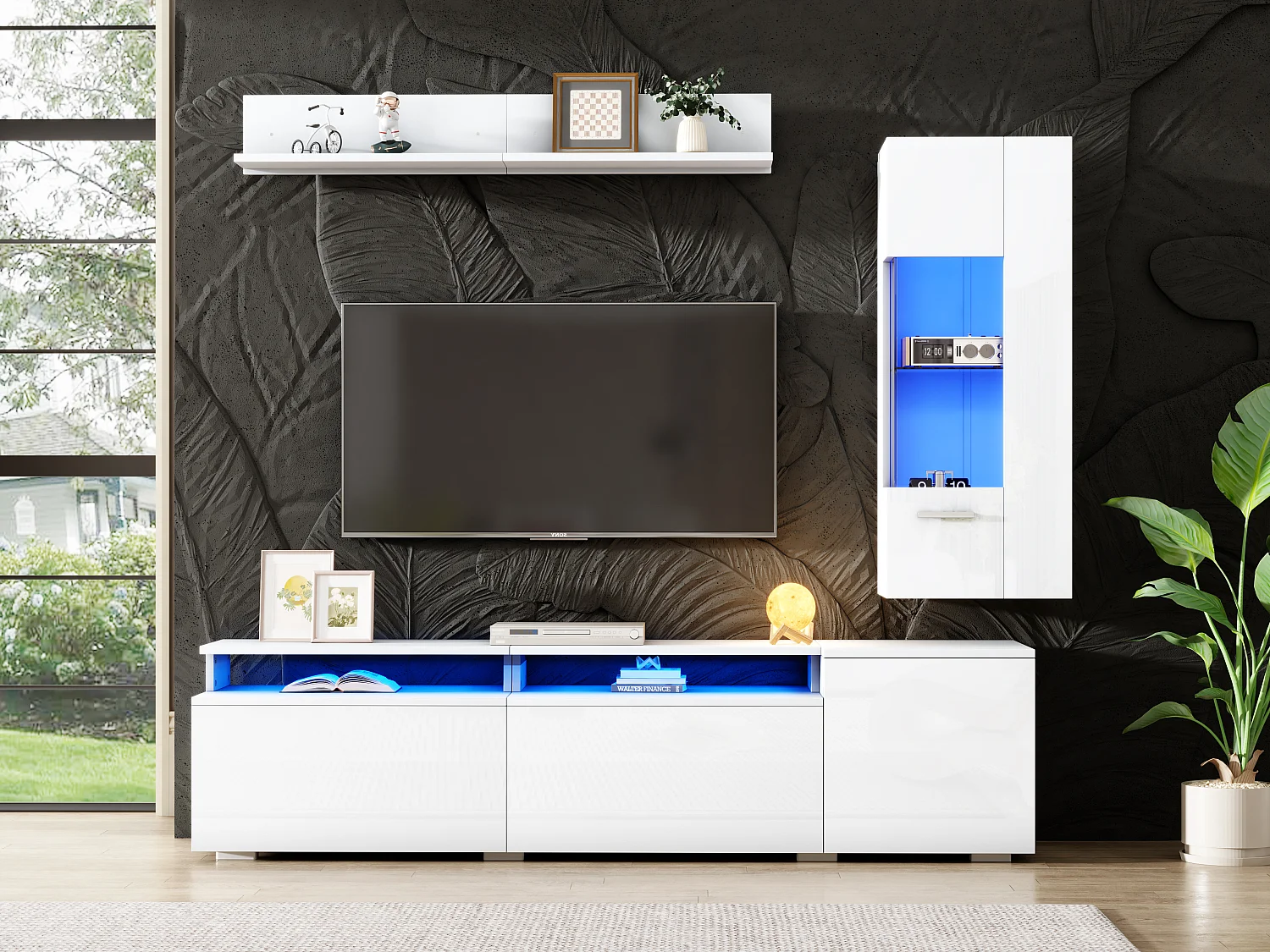 Ensemble de meuble TV + 1 vitrine +1 étagère murale - Blanc finition brillante avec LEDs
