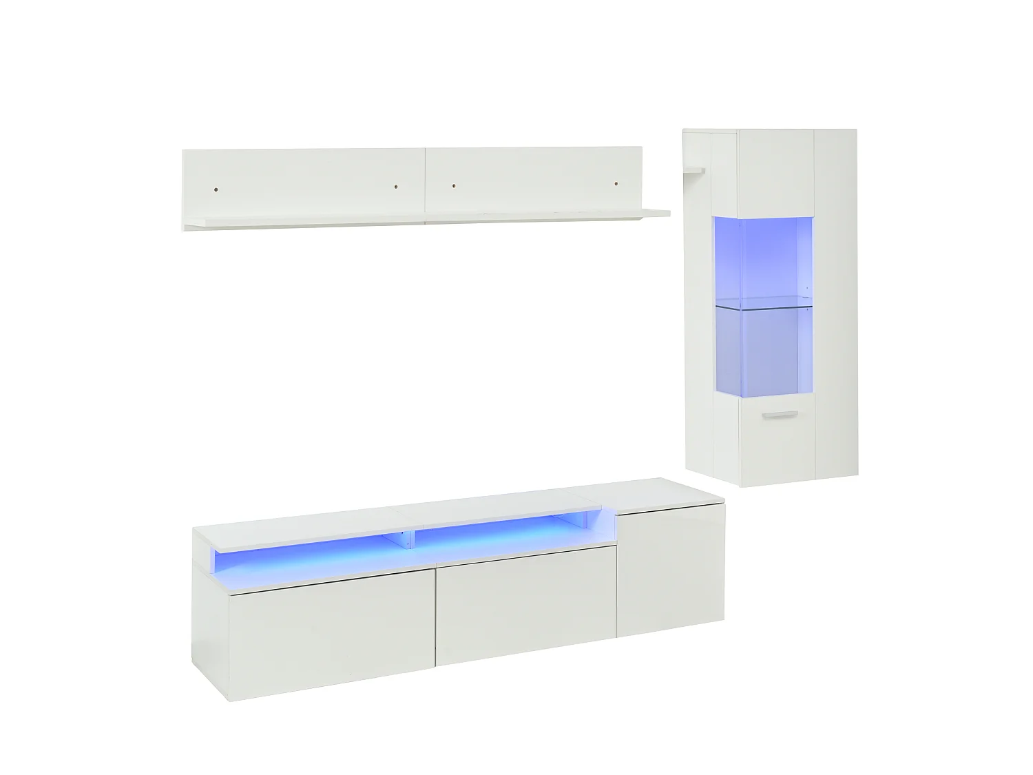 Ensemble de meuble TV + 1 vitrine +1 étagère murale - Blanc finition brillante avec LEDs