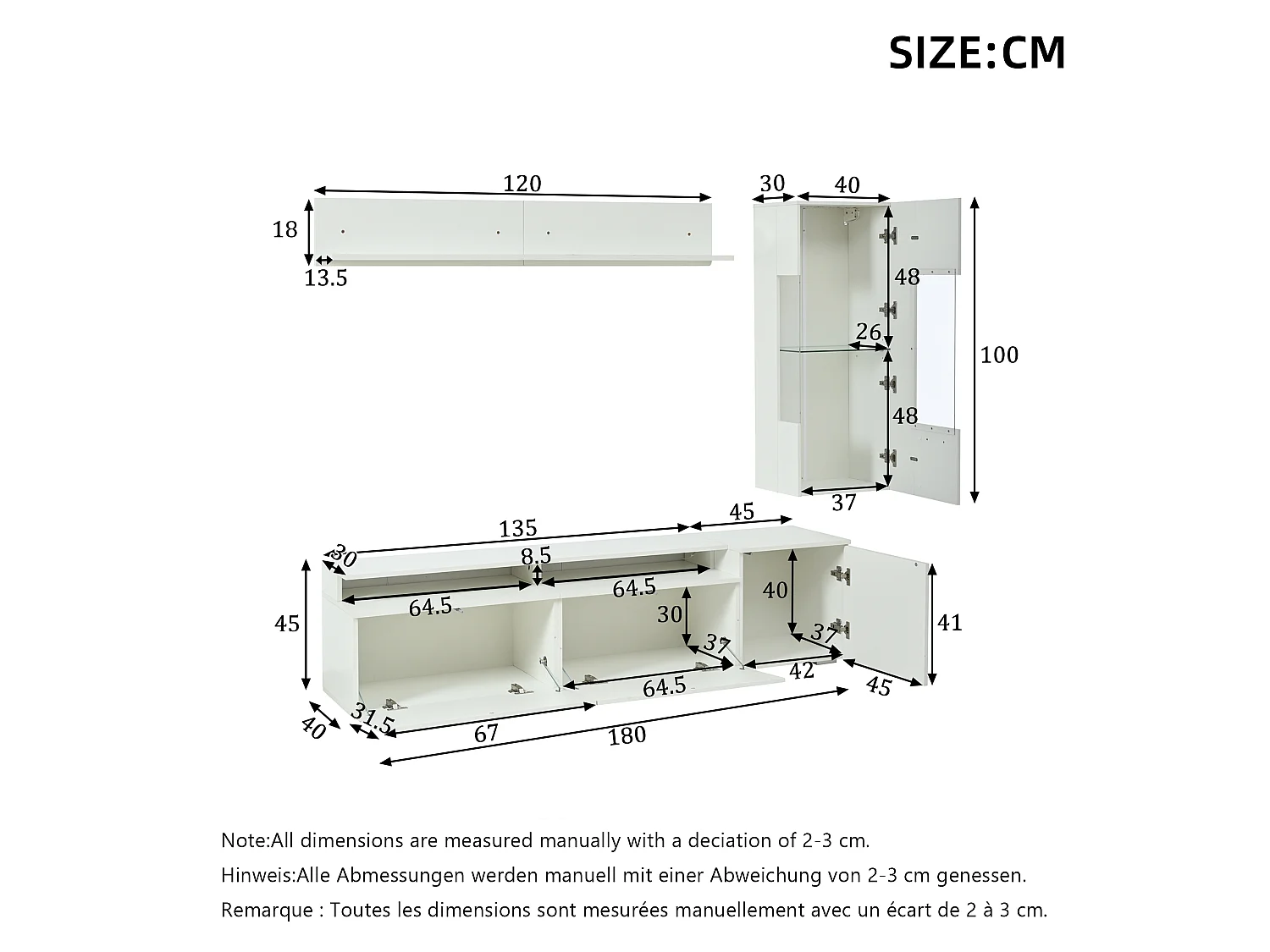Ensemble de meuble TV + 1 vitrine +1 étagère murale - Blanc finition brillante avec LEDs