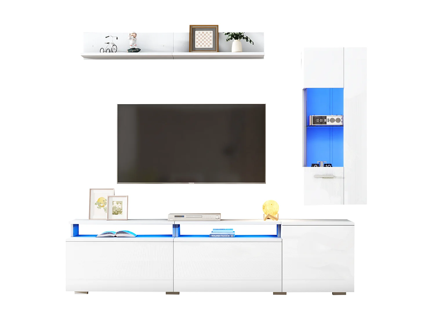 Ensemble de meuble TV + 1 vitrine +1 étagère murale - Blanc finition brillante avec LEDs