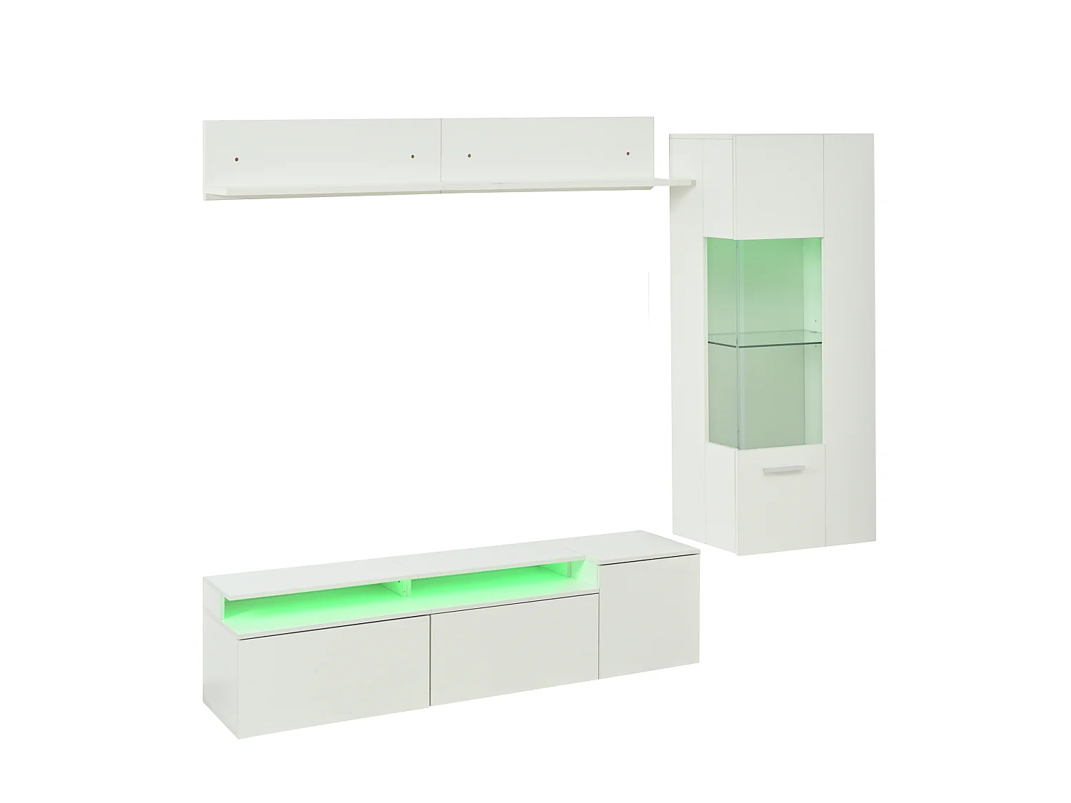 Ensemble de meuble TV + 1 vitrine +1 étagère murale - Blanc finition brillante avec LEDs