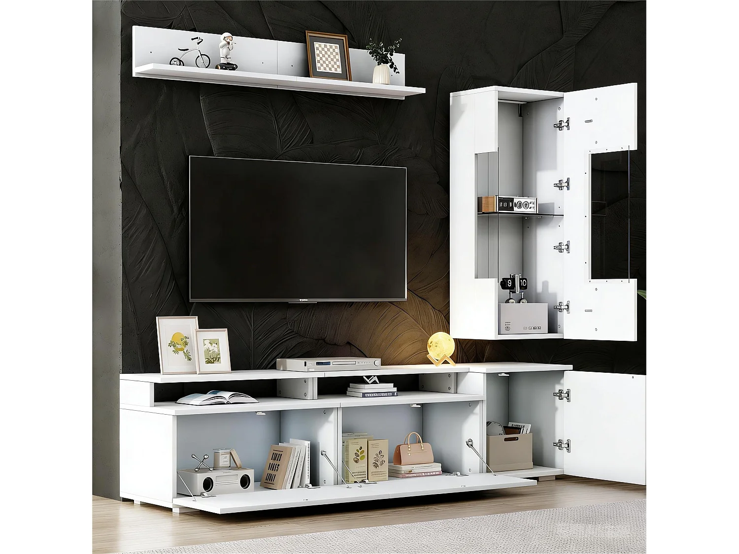 Ensemble de meuble TV + 1 vitrine +1 étagère murale - Blanc finition brillante avec LEDs