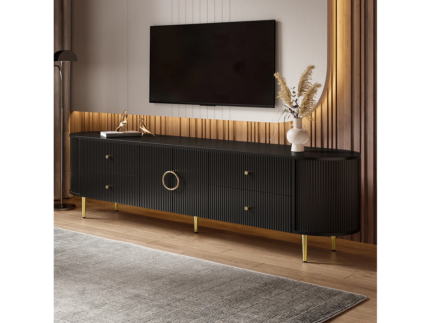 Meuble TV 180x40x38 cm - 4 tiroirs et 2 portes - Forme ovale - Texture ondulée 3D - Pieds en fer - MDF - Noir