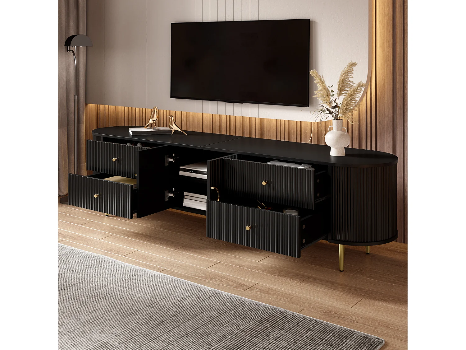 Meuble TV 180x40x38 cm - 4 tiroirs et 2 portes - Forme ovale - Texture ondulée 3D - Pieds en fer - MDF - Noir