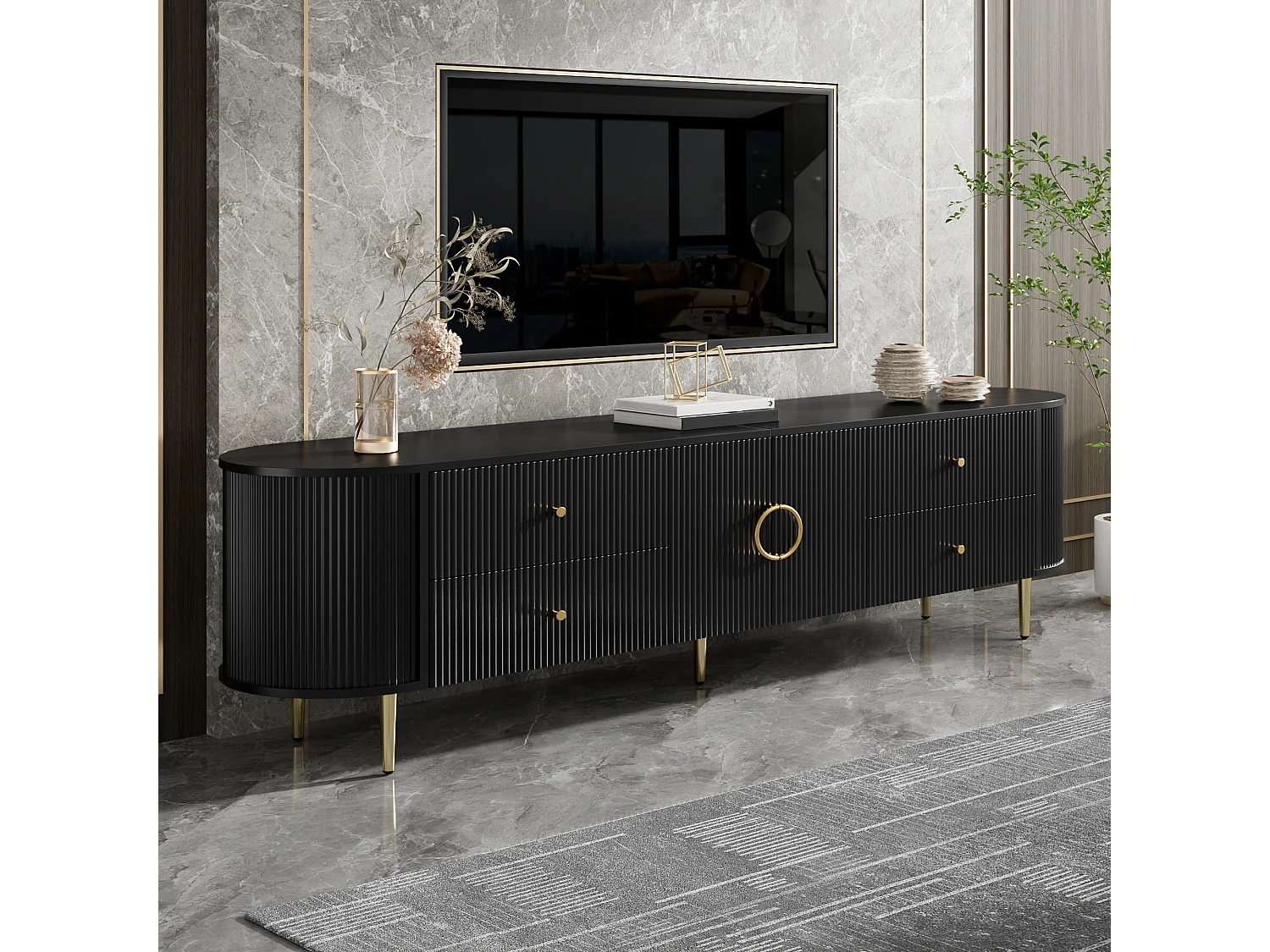 Meuble TV 180x40x38 cm - 4 tiroirs et 2 portes - Forme ovale - Texture ondulée 3D - Pieds en fer - MDF - Noir