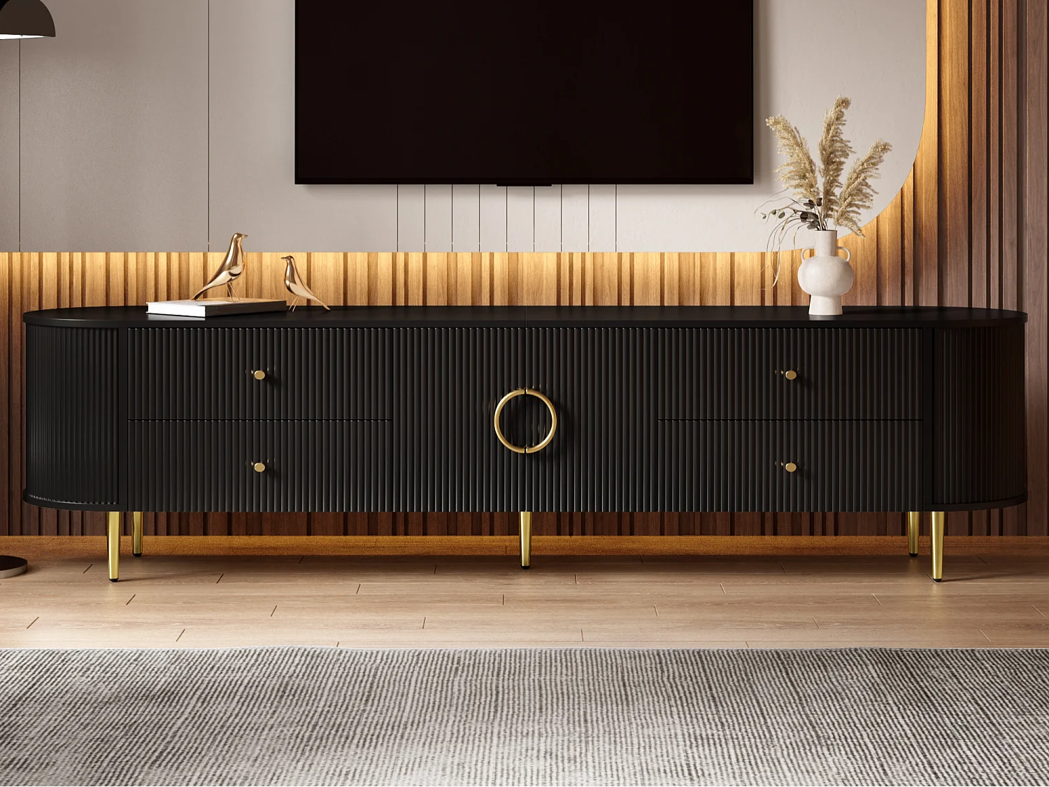 Meuble TV 180x40x38 cm - 4 tiroirs et 2 portes - Forme ovale - Texture ondulée 3D - Pieds en fer - MDF - Noir
