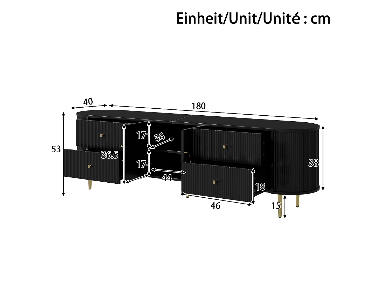 Meuble TV 180x40x38 cm - 4 tiroirs et 2 portes - Forme ovale - Texture ondulée 3D - Pieds en fer - MDF - Noir