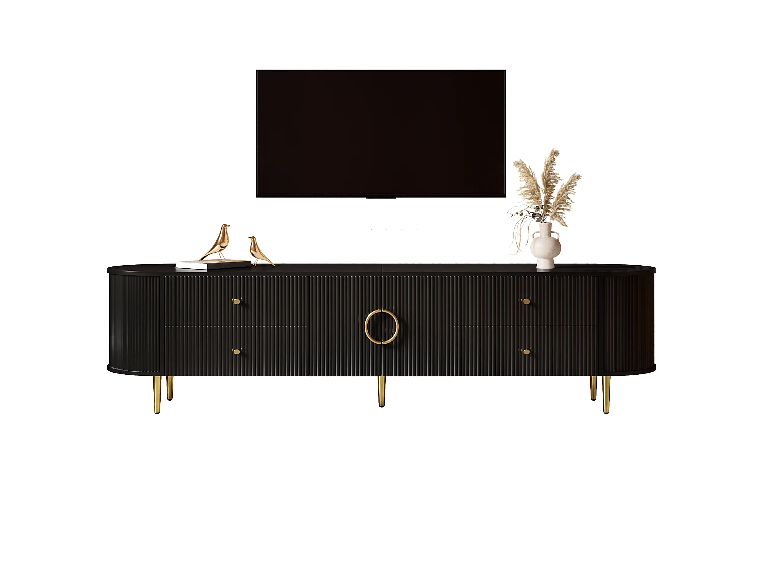 Meuble TV 180x40x38 cm - 4 tiroirs et 2 portes - Forme ovale - Texture ondulée 3D - Pieds en fer - MDF - Noir