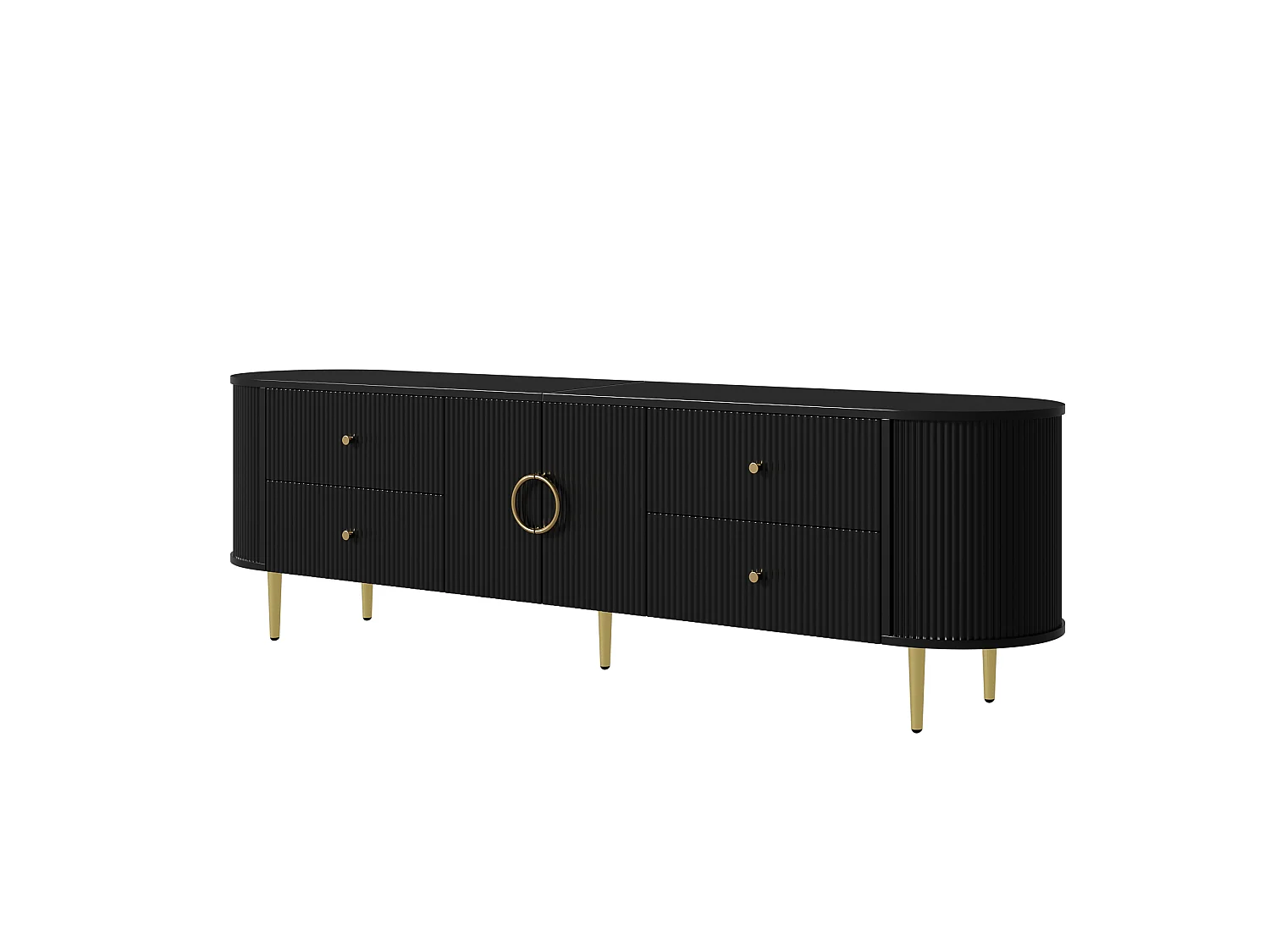 Meuble TV 180x40x38 cm - 4 tiroirs et 2 portes - Forme ovale - Texture ondulée 3D - Pieds en fer - MDF - Noir