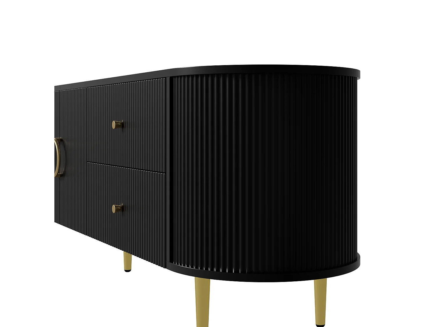 Meuble TV 180x40x38 cm - 4 tiroirs et 2 portes - Forme ovale - Texture ondulée 3D - Pieds en fer - MDF - Noir