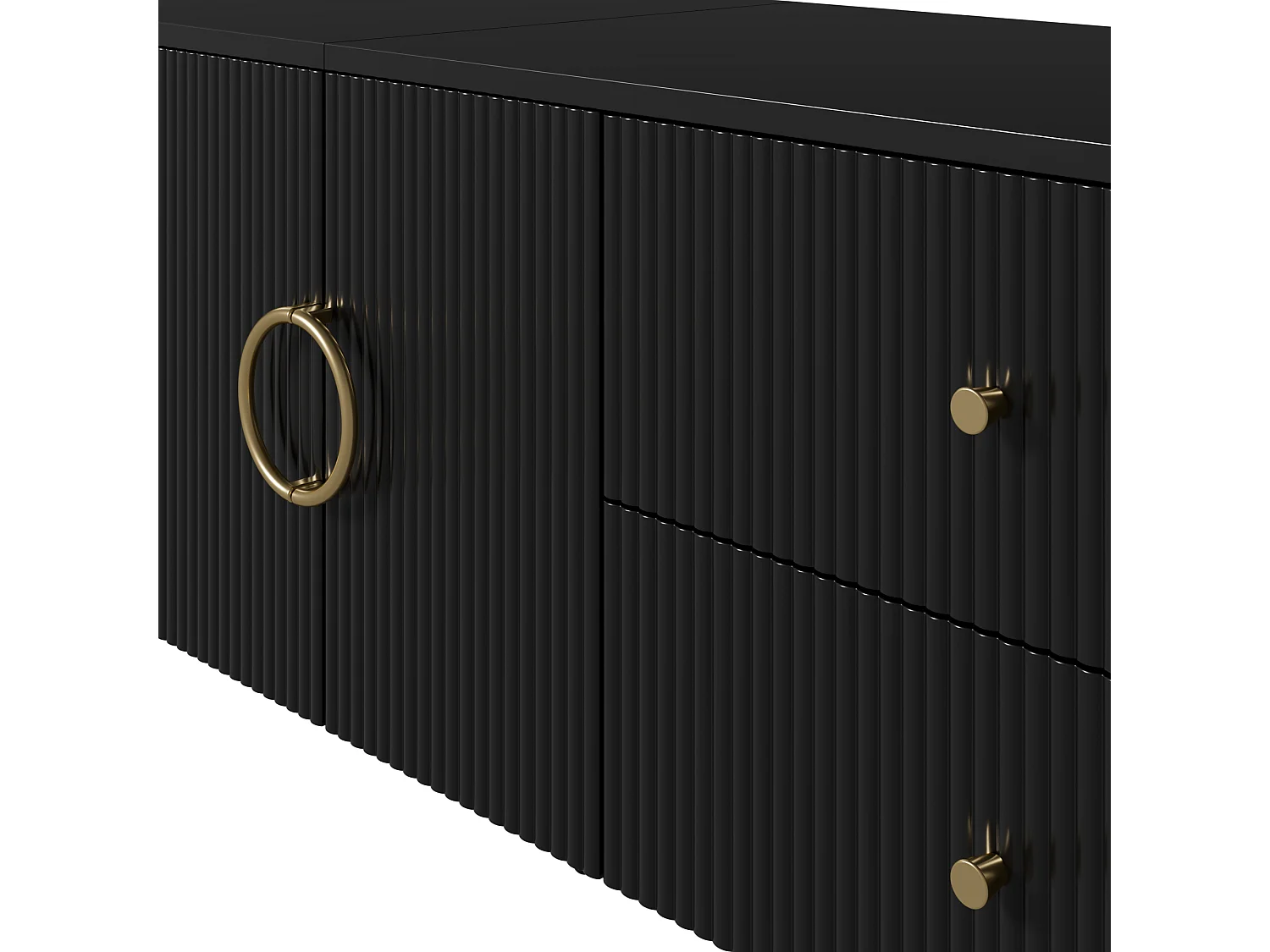 Meuble TV 180x40x38 cm - 4 tiroirs et 2 portes - Forme ovale - Texture ondulée 3D - Pieds en fer - MDF - Noir