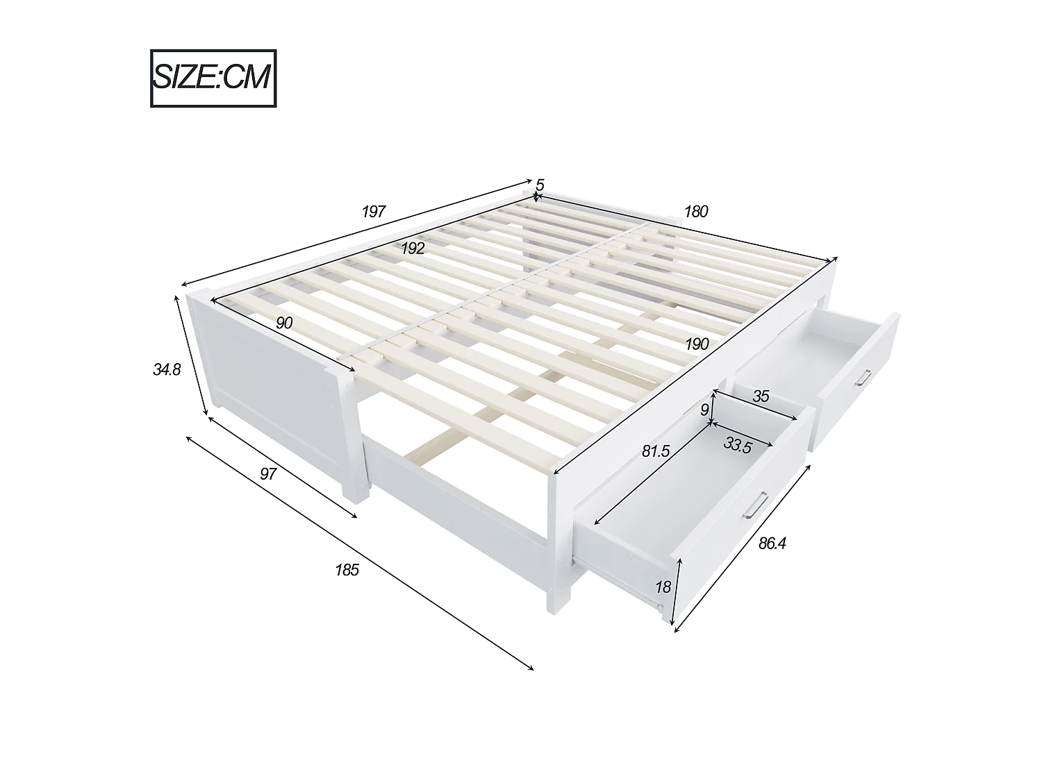 Canapé-lit extensible en bois 180 x 190 cm - avec 2 tiroirs - avec sommier à lattes - blanc (matelas non inclus)