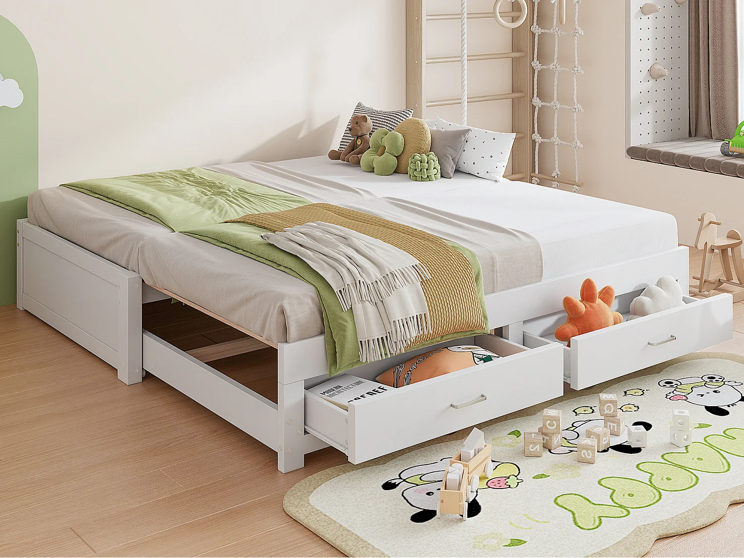 Canapé-lit extensible en bois 180 x 190 cm - avec 2 tiroirs - avec sommier à lattes - blanc (matelas non inclus)