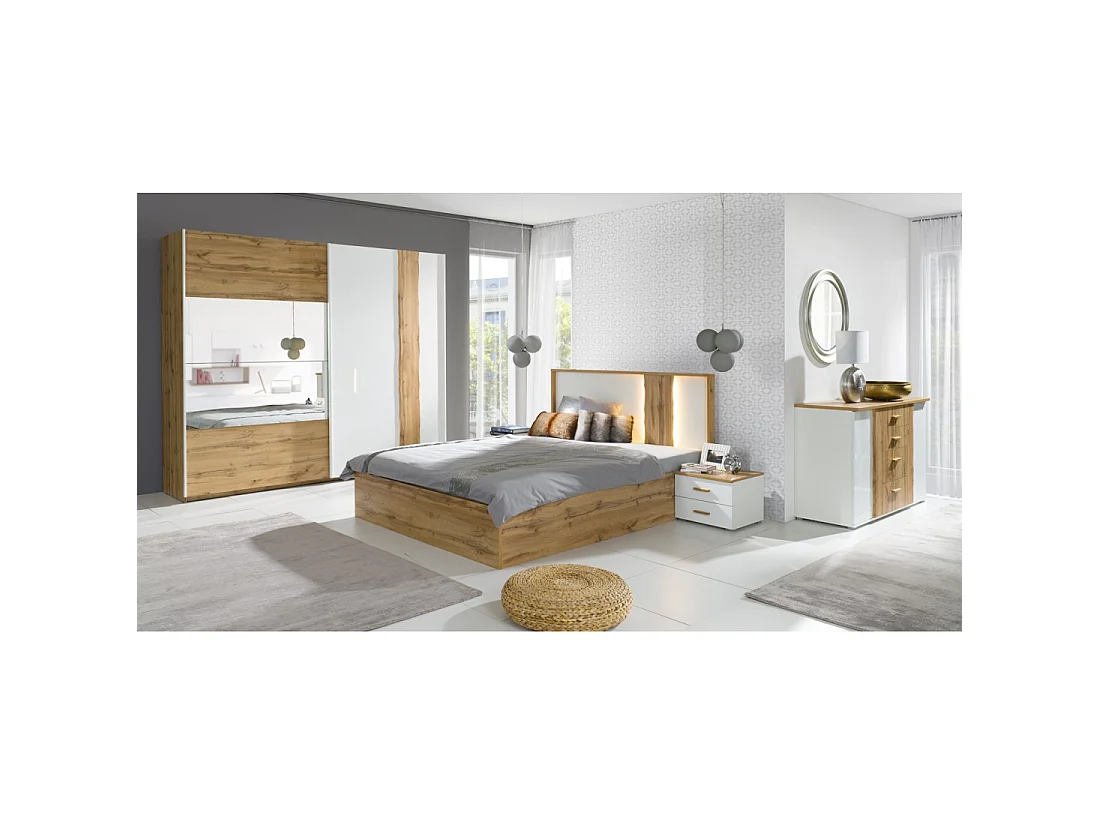 Pack cama WOOD 180 x 200 cm con LED y 2 mesitas de noche – Blanco y roble – Conjunto dormitorio diseño