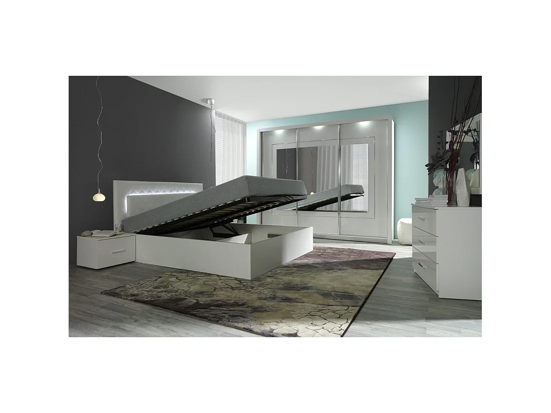 Ensemble lit PANAREA 180x200 avec LED, sommier et chevets – Blanc brillant – Lit design moderne