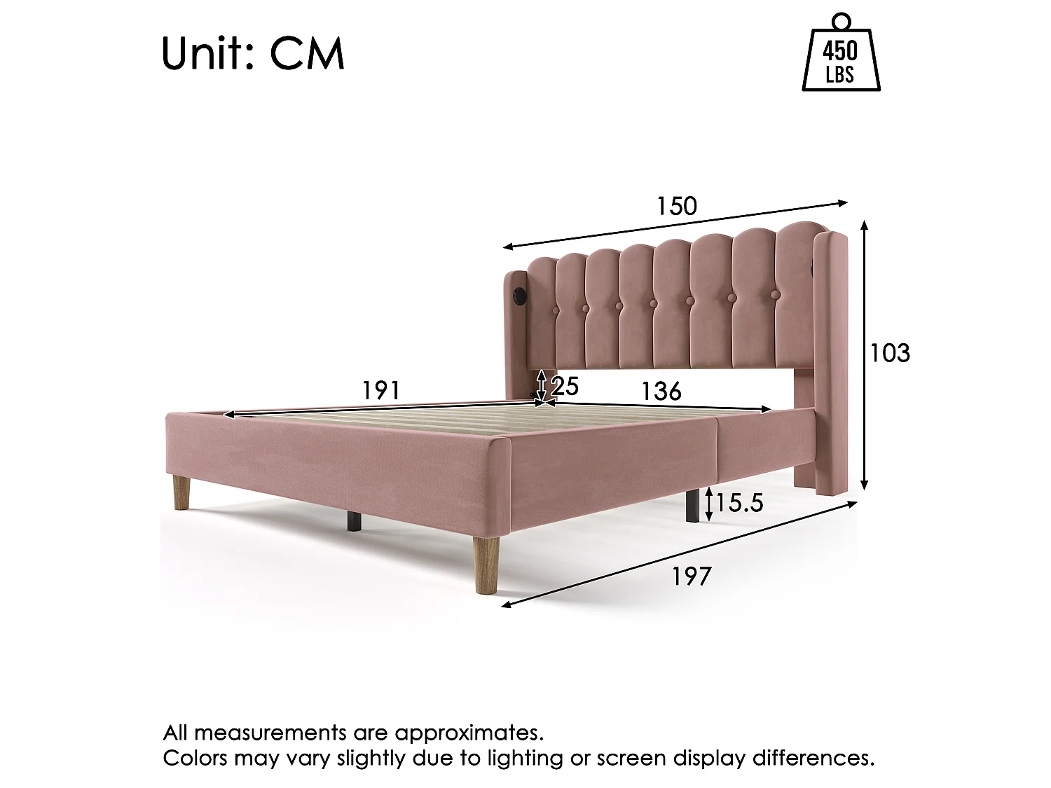 Velvet Upholstered Bed 135x190cm - with Charging Ports and Slatted Base - Pink