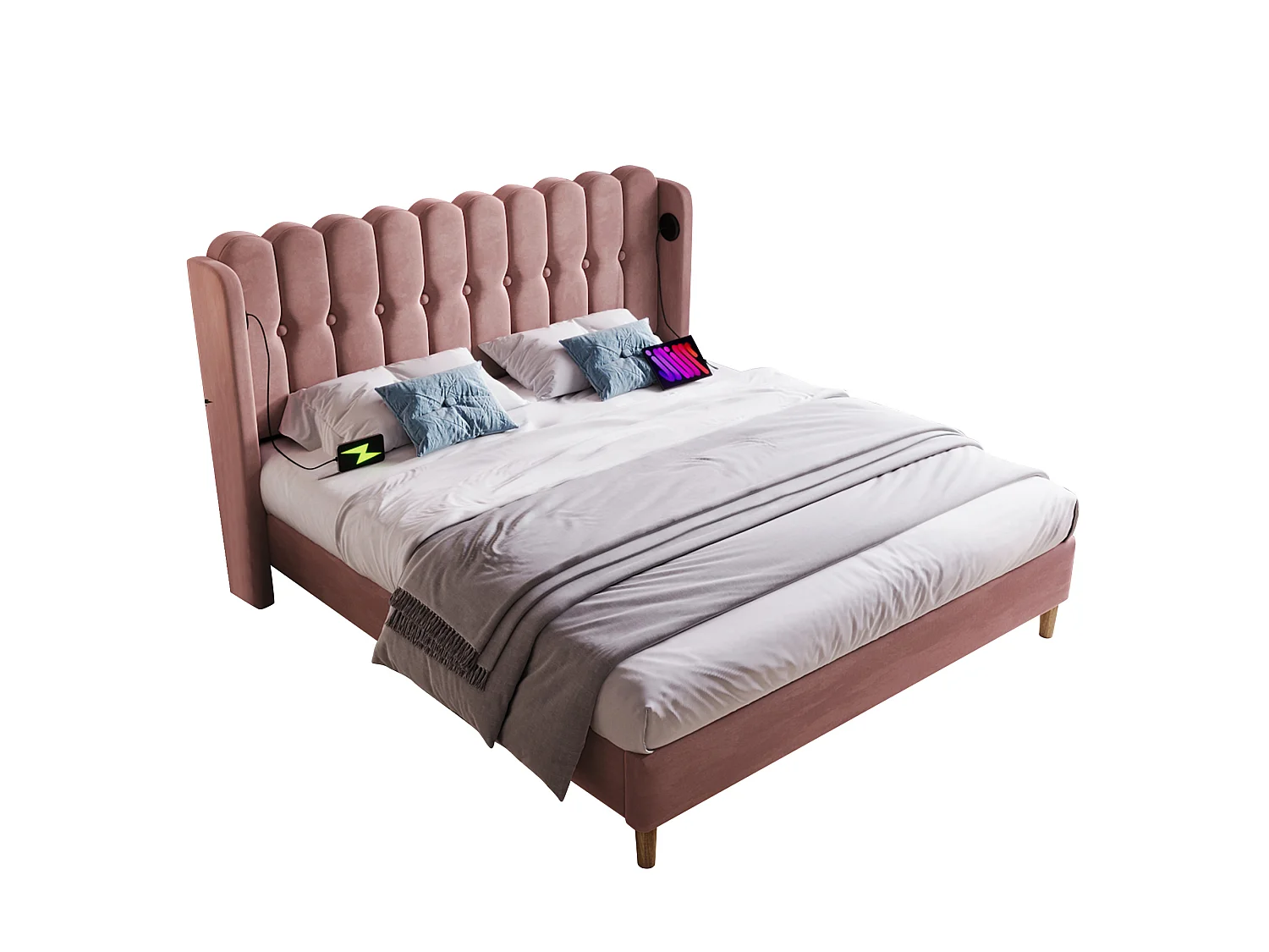Velvet Upholstered Bed 135x190cm - with Charging Ports and Slatted Base - Pink