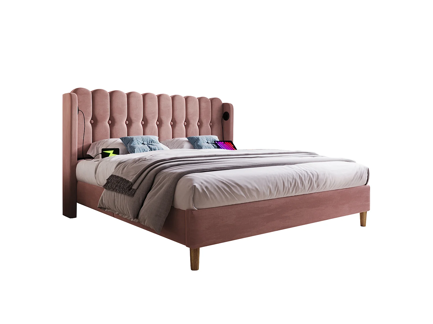 Velvet Upholstered Bed 135x190cm - with Charging Ports and Slatted Base - Pink