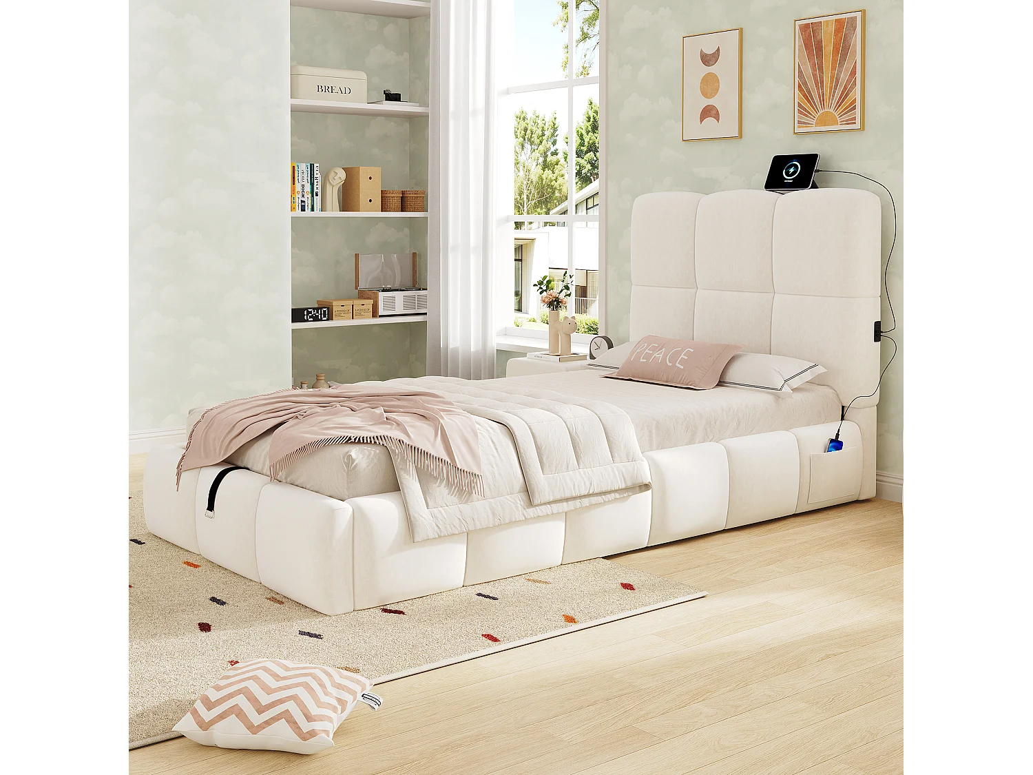 Lit coffre rembourré pour enfant 90x200 cm - Avec tête de lit rembourrée - Avec port USB - Velours - Beige (sans matelas)
