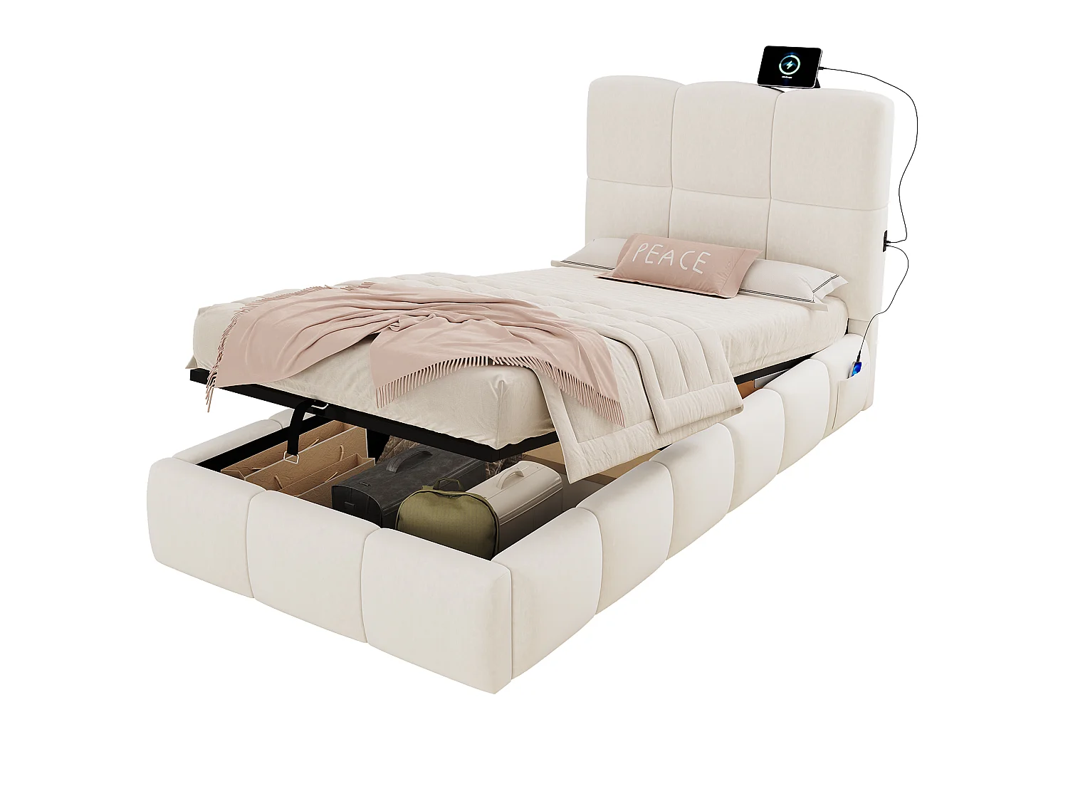 Lit coffre rembourré pour enfant 90x200 cm - Avec tête de lit rembourrée - Avec port USB - Velours - Beige (sans matelas)