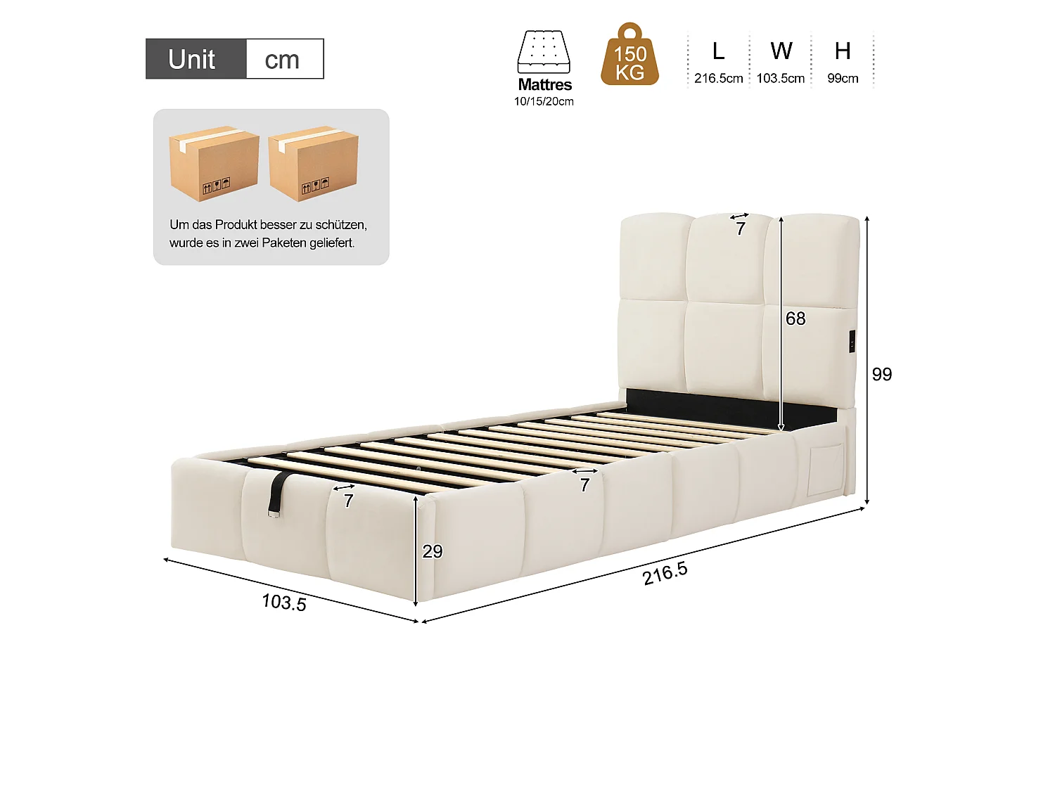 Lit coffre rembourré pour enfant 90x200 cm - Avec tête de lit rembourrée - Avec port USB - Velours - Beige (sans matelas)