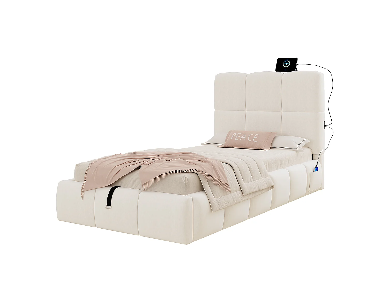 Lit coffre rembourré pour enfant 90x200 cm - Avec tête de lit rembourrée - Avec port USB - Velours - Beige (sans matelas)