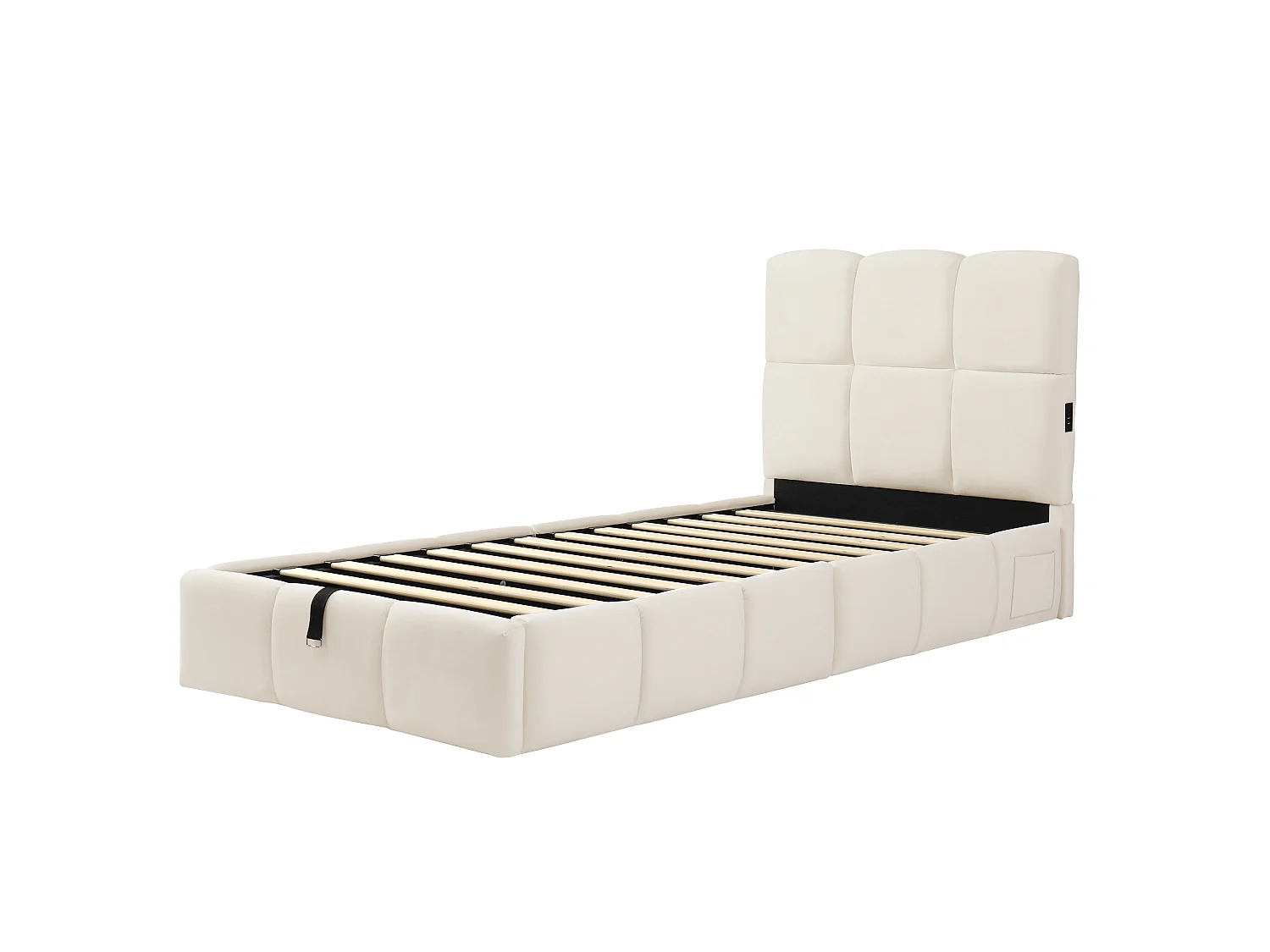 Lit coffre rembourré pour enfant 90x200 cm - Avec tête de lit rembourrée - Avec port USB - Velours - Beige (sans matelas)