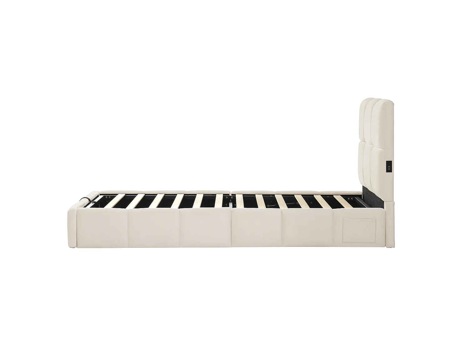 Lit coffre rembourré pour enfant 90x200 cm - Avec tête de lit rembourrée - Avec port USB - Velours - Beige (sans matelas)