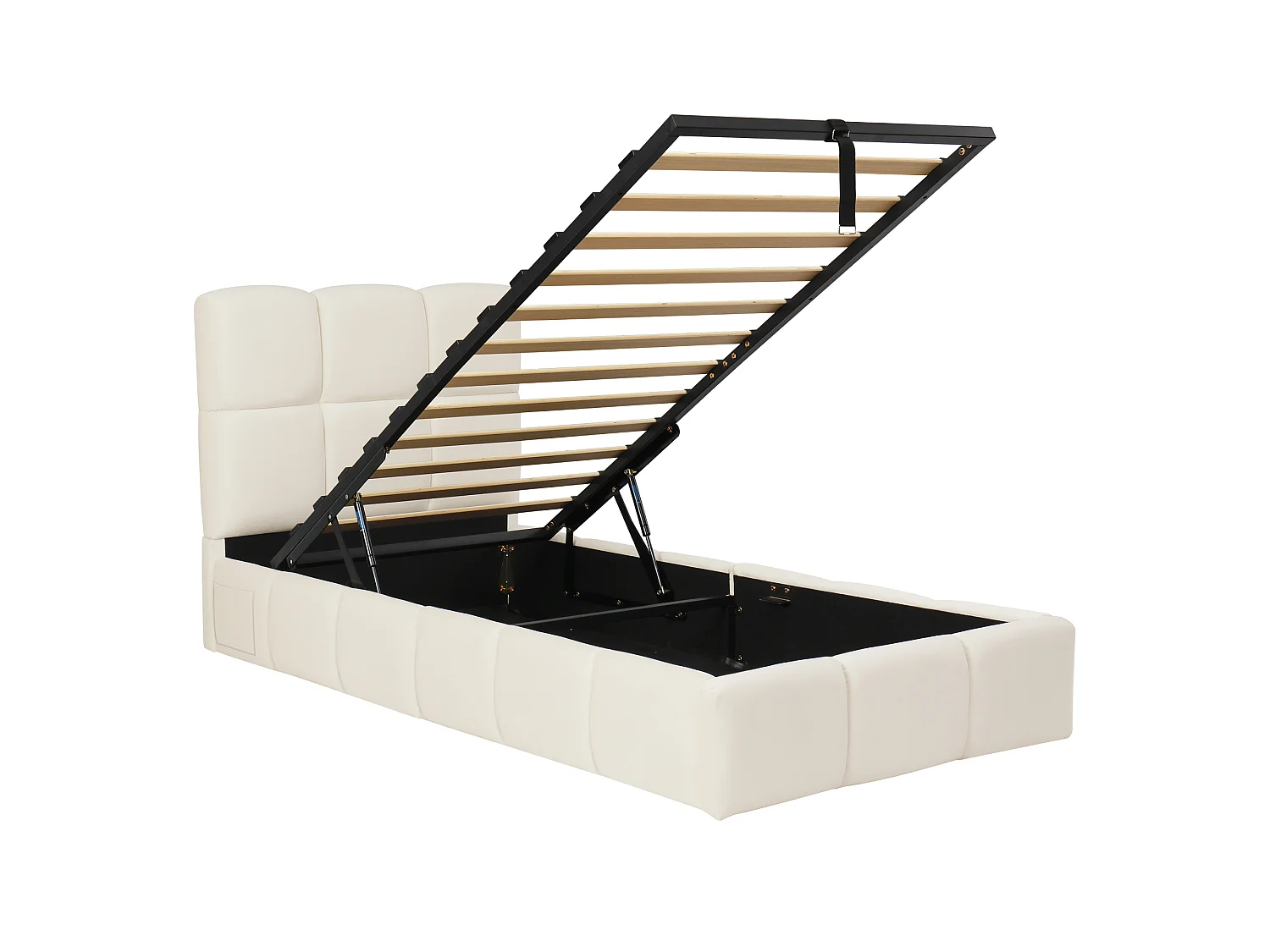 Lit coffre rembourré pour enfant 90x200 cm - Avec tête de lit rembourrée - Avec port USB - Velours - Beige (sans matelas)