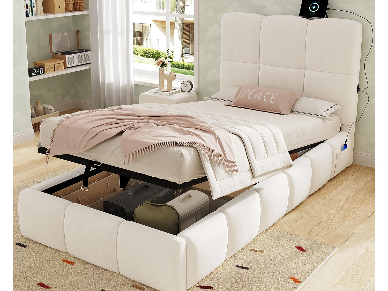 Lit coffre rembourré pour enfant 90x200 cm - Avec tête de lit rembourrée - Avec port USB - Velours - Beige (sans matelas)