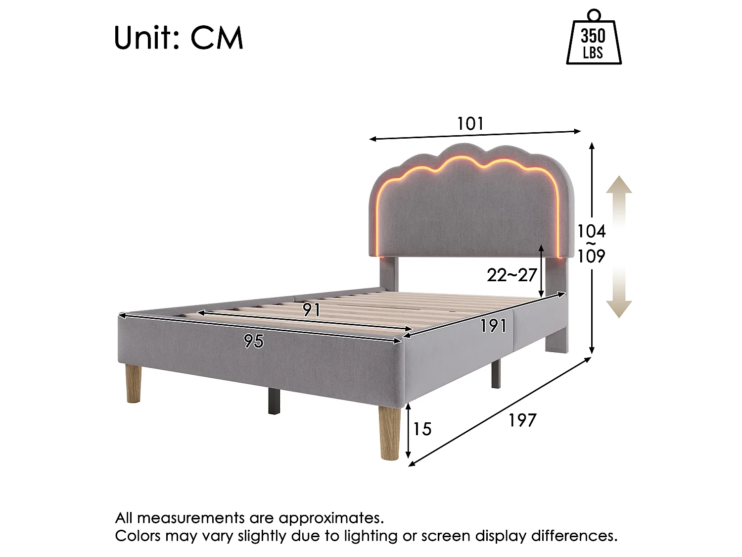 90x190cm Bed Upholstered in Velvet - with LED and Slatted Base - Grey