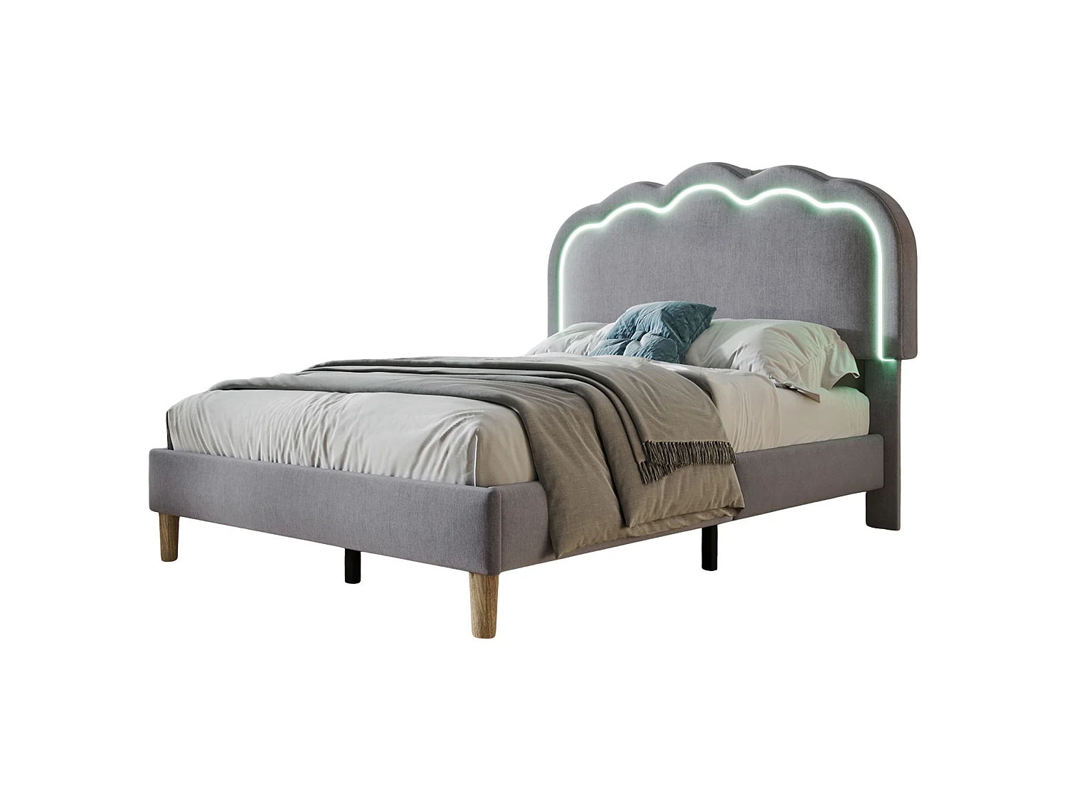 90x190cm Bed Upholstered in Velvet - with LED and Slatted Base - Grey