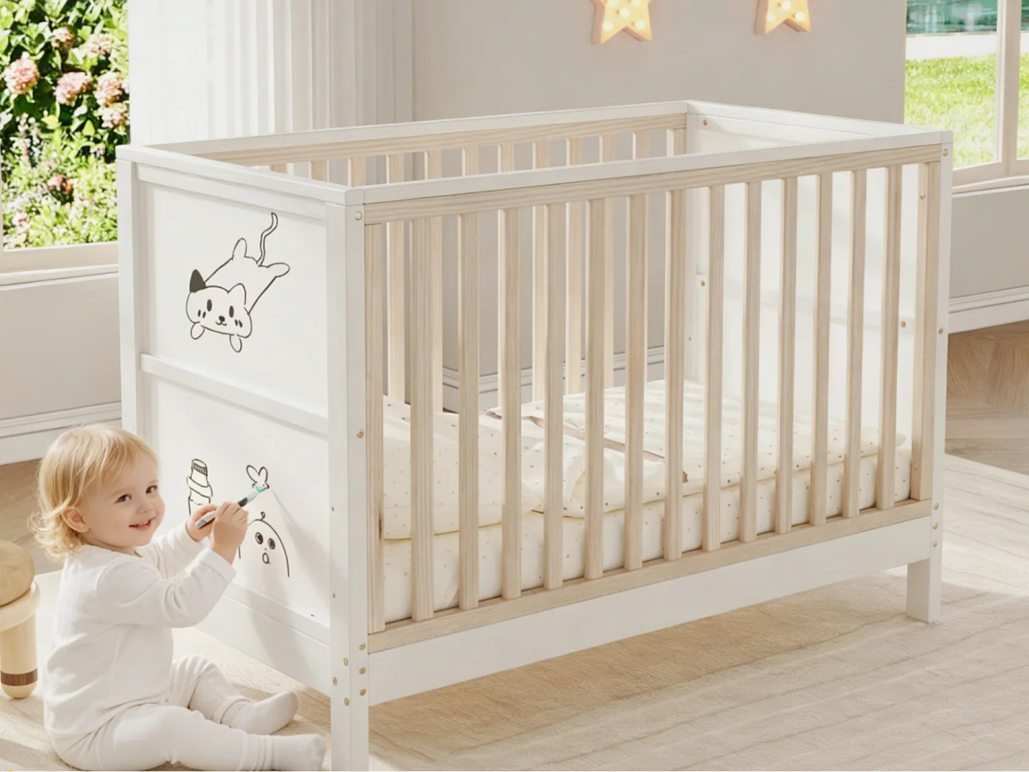 Lit bébé 120x60cm avec tableau à dessiner - bois de pin massif - sommier réglable - certifié EN 716 - naturel + blanc
