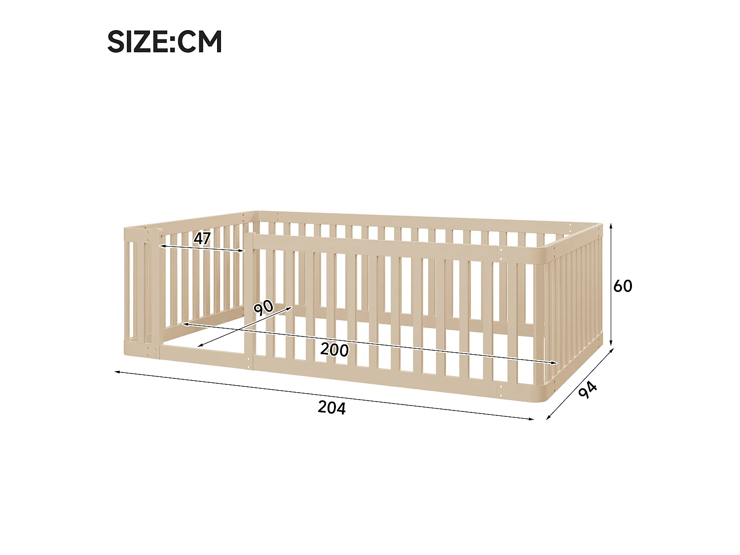 Lit enfant en bois 90x200 avec barrière, Sans sommier à lattes - Couleur bois
