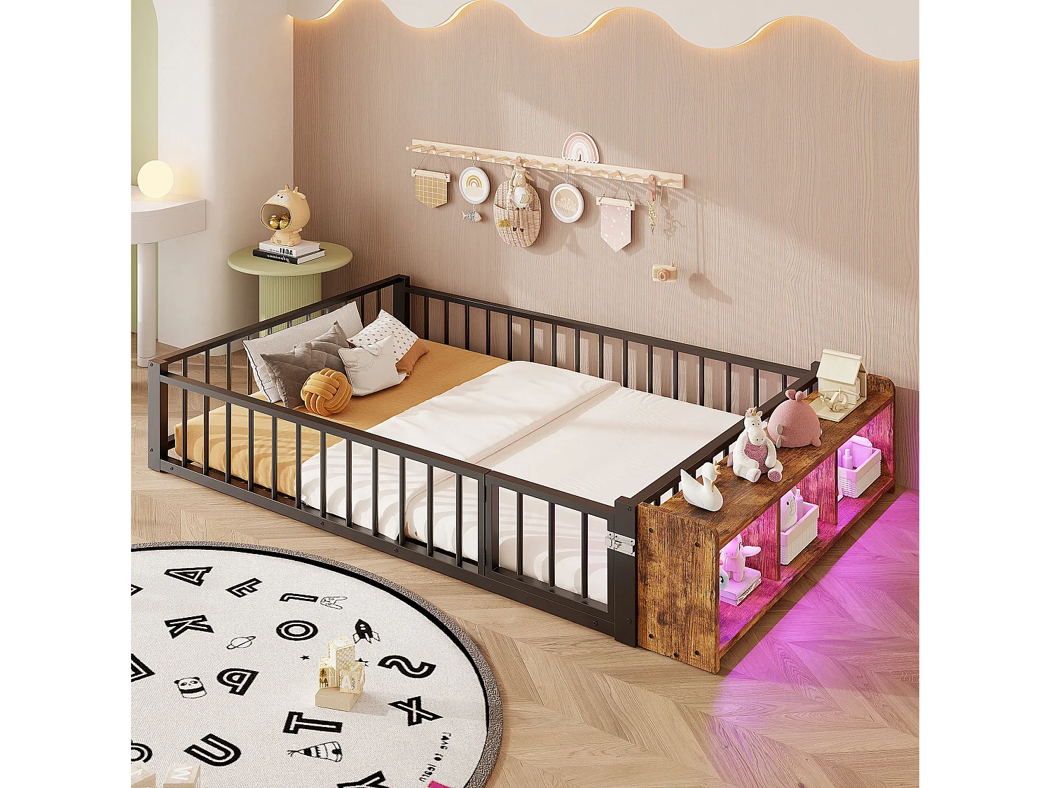 Lit enfant en métal 140 x 200 cm avec barrière de sécurité et LED, noir