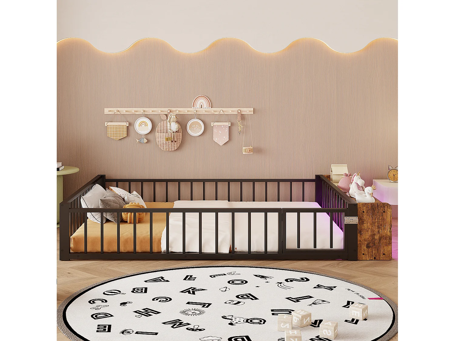 Lit enfant en métal 140 x 200 cm avec barrière de sécurité et LED, noir