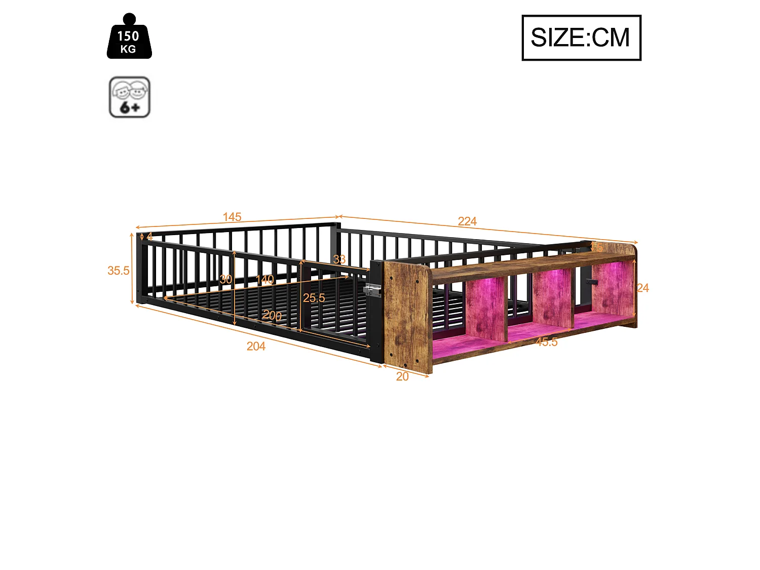 Lit enfant en métal 140 x 200 cm avec barrière de sécurité et LED, noir