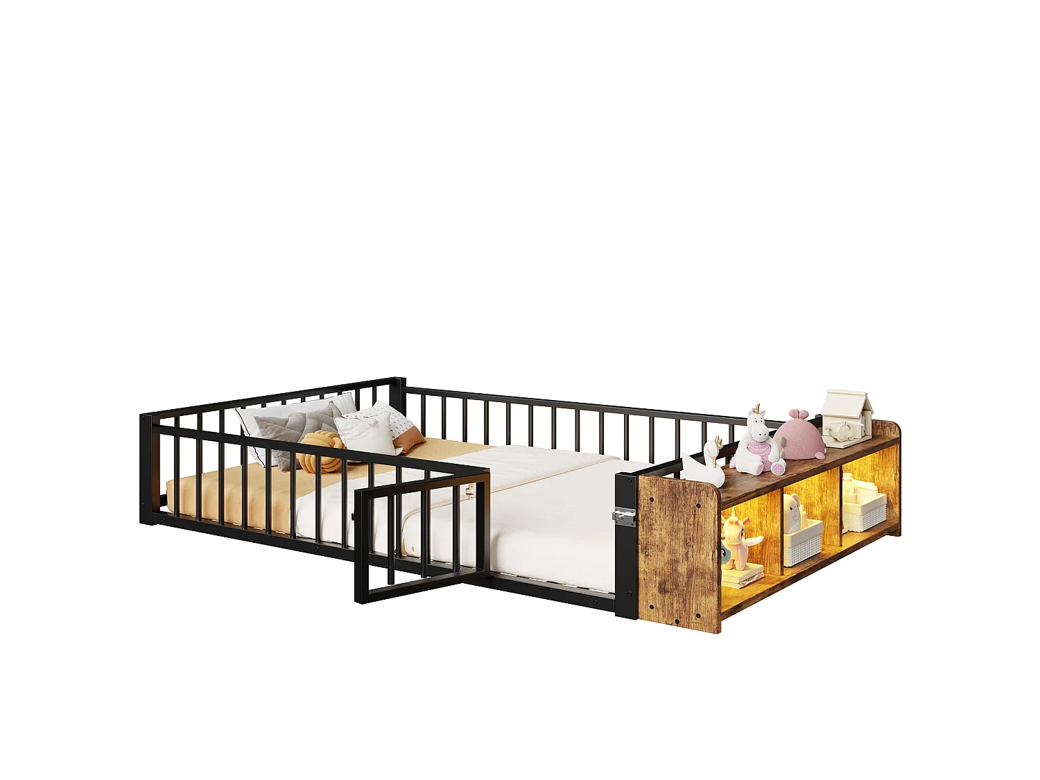 Lit enfant en métal 140 x 200 cm avec barrière de sécurité et LED, noir