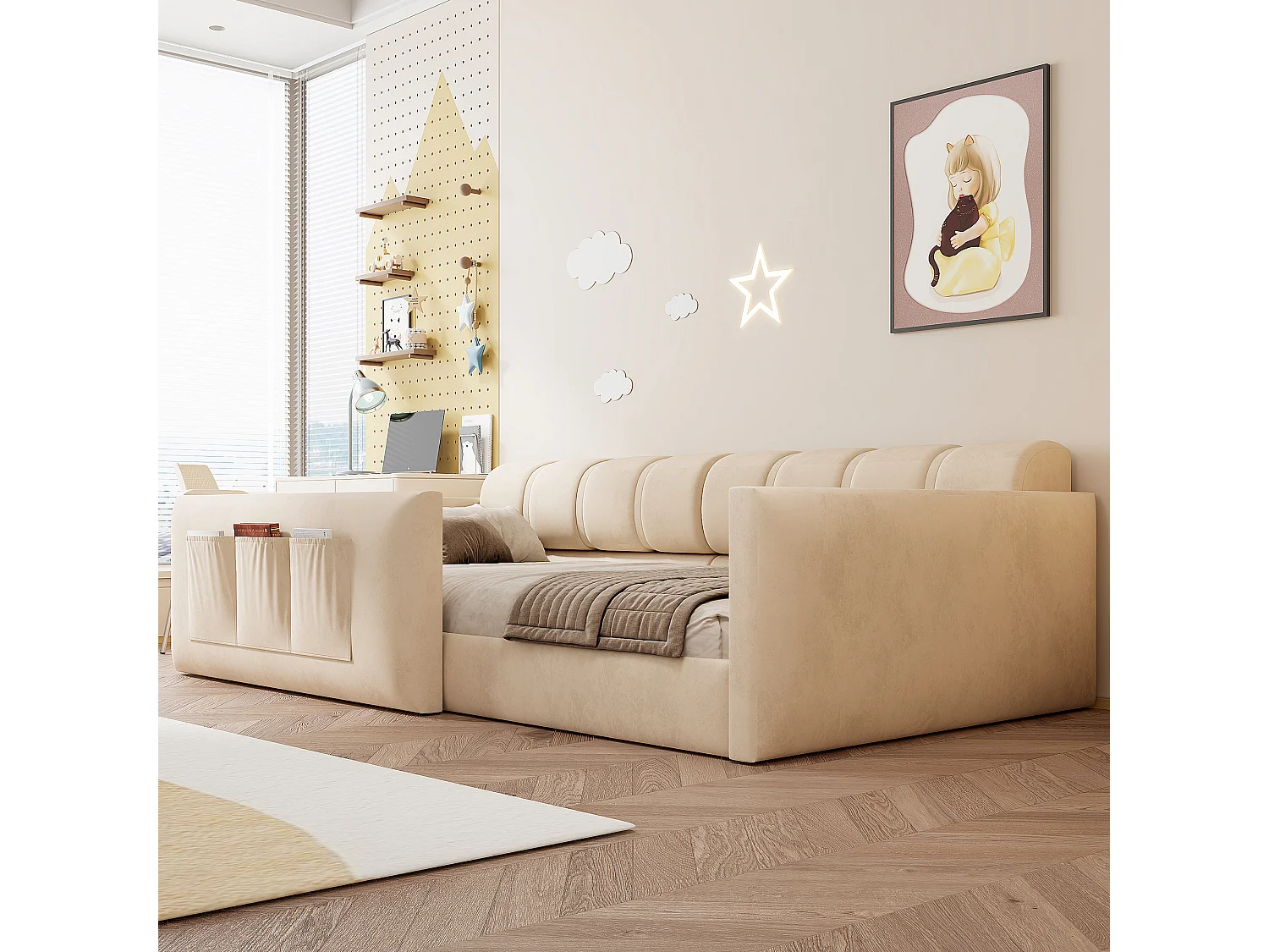 Canapé-lit enfant 90x200 cm - revêtement en velours - avec espace de rangement - beige (matelas non inclus)