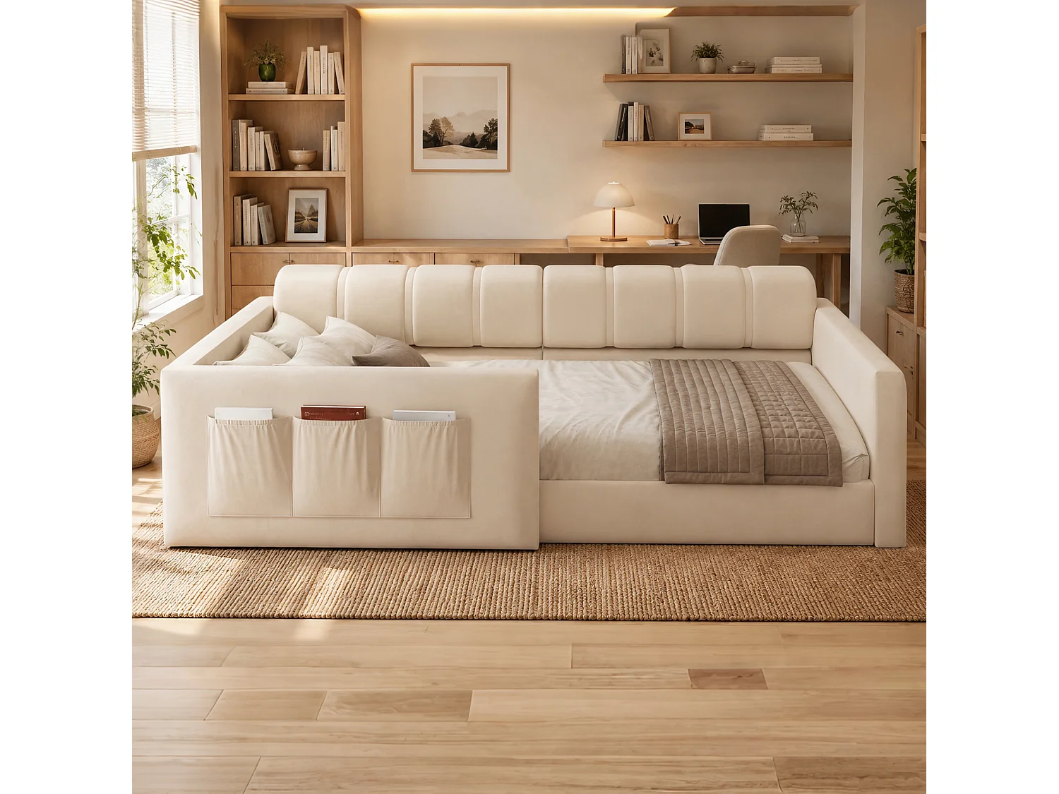 Canapé-lit enfant 90x200 cm - revêtement en velours - avec espace de rangement - beige (matelas non inclus)