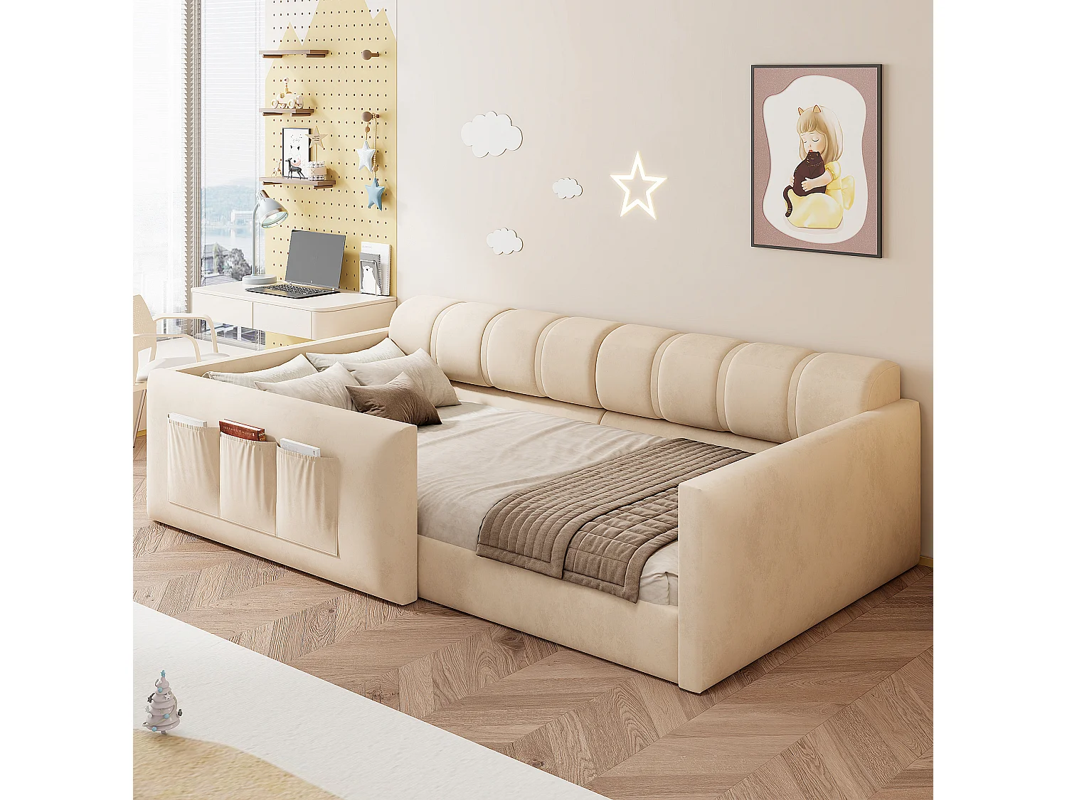 Canapé-lit enfant 90x200 cm - revêtement en velours - avec espace de rangement - beige (matelas non inclus)