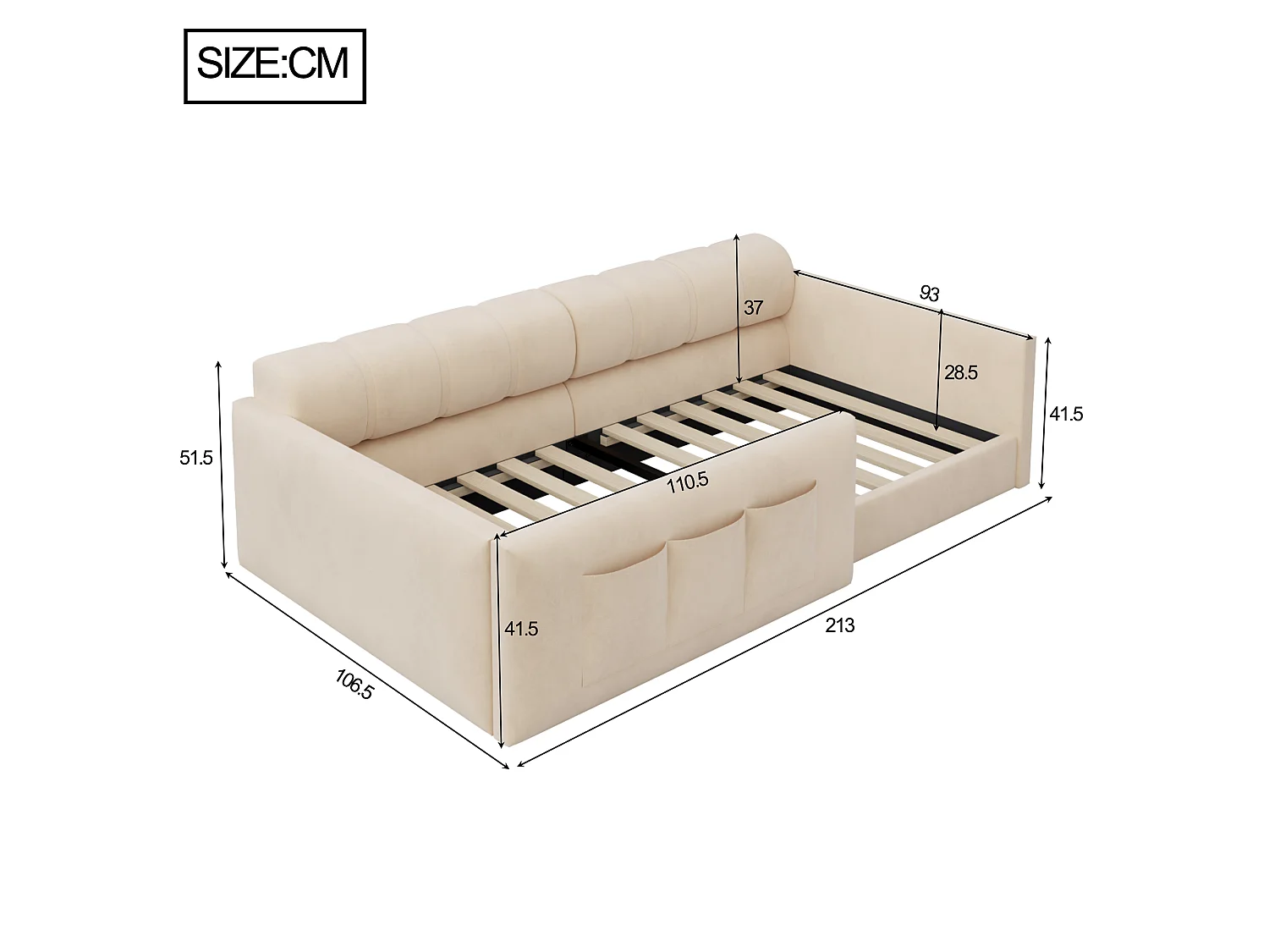 Canapé-lit enfant 90x200 cm - revêtement en velours - avec espace de rangement - beige (matelas non inclus)