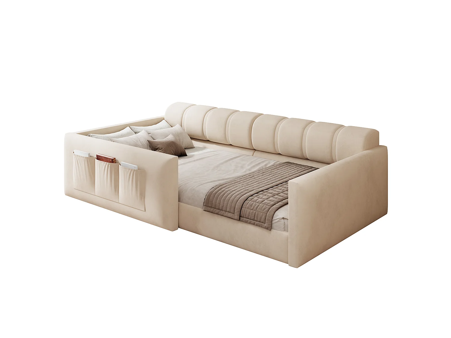 Canapé-lit enfant 90x200 cm - revêtement en velours - avec espace de rangement - beige (matelas non inclus)