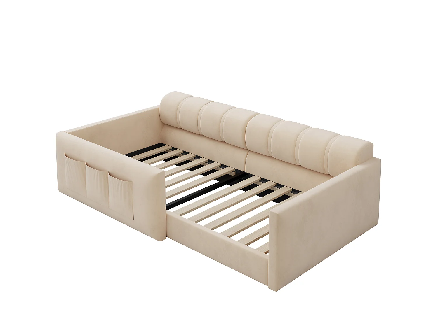 Canapé-lit enfant 90x200 cm - revêtement en velours - avec espace de rangement - beige (matelas non inclus)