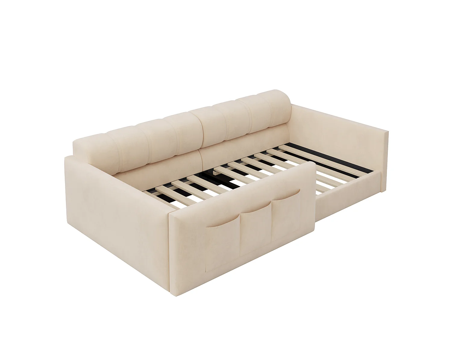 Canapé-lit enfant 90x200 cm - revêtement en velours - avec espace de rangement - beige (matelas non inclus)