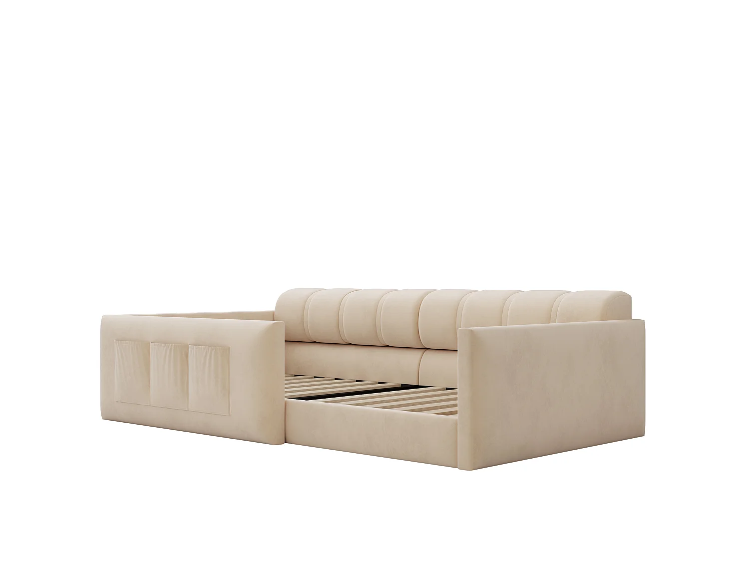 Canapé-lit enfant 90x200 cm - revêtement en velours - avec espace de rangement - beige (matelas non inclus)