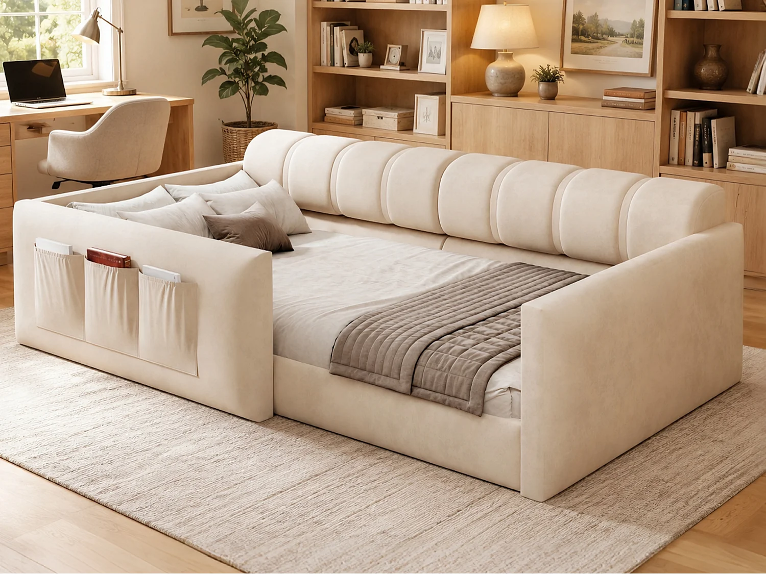 Canapé-lit enfant 90x200 cm - revêtement en velours - avec espace de rangement - beige (matelas non inclus)
