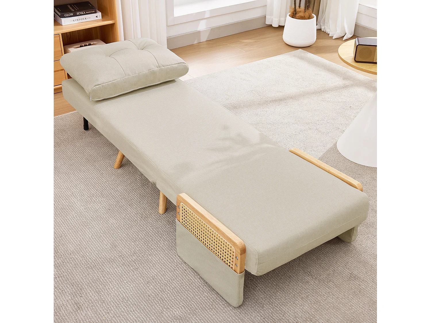 Fauteuil multifonctionnel 3 en 1 - dossier réglable sur cinq positions - accoudoirs en bois massif - tissu de lin - beige