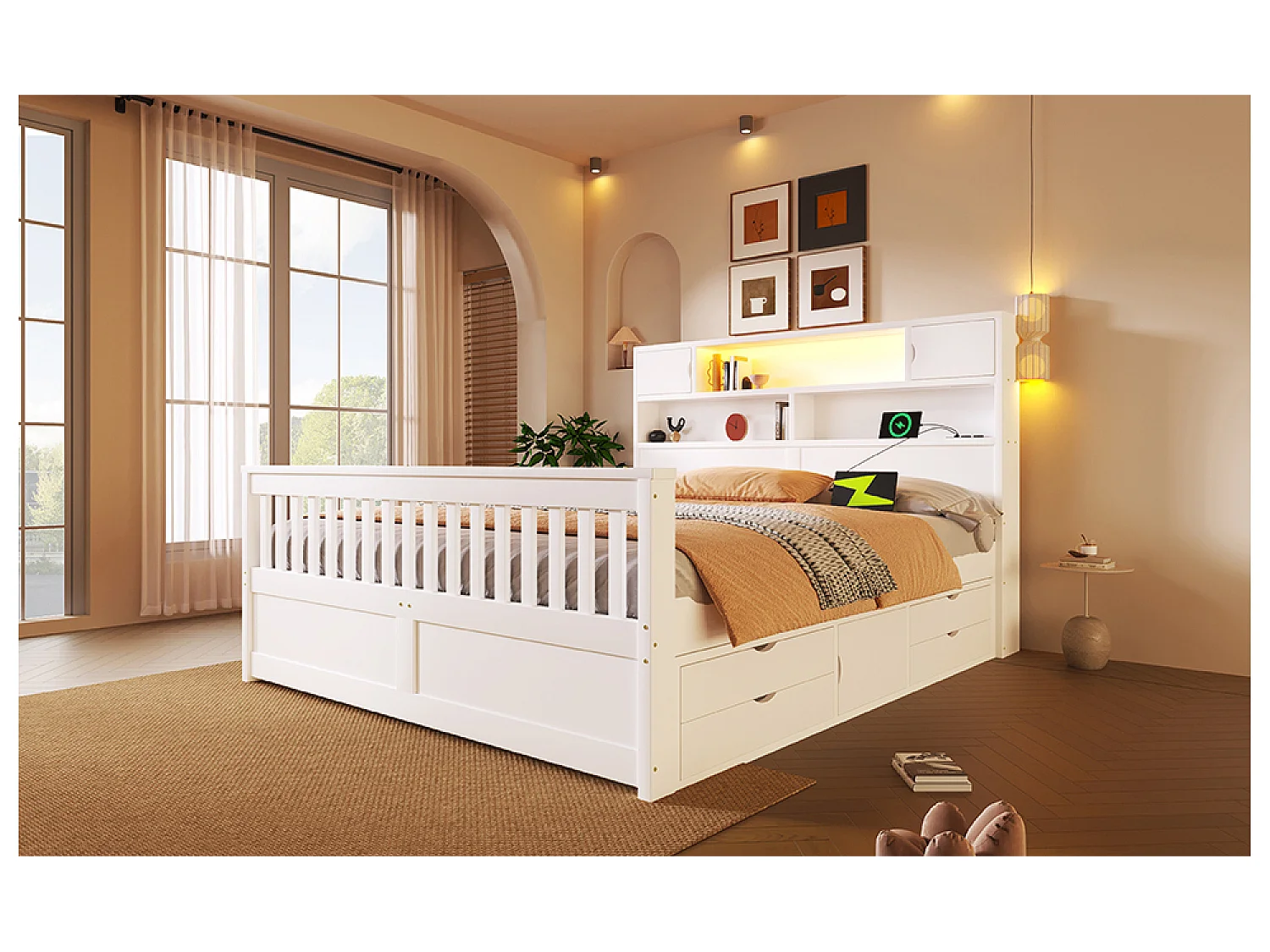 Dubbelsäng för vuxna 160 x 200 cm med LED, USB-port och 4 lådor - Vit